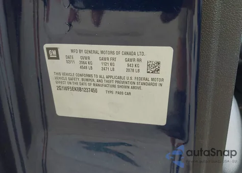 2011 Chevrolet Impala Ls from USA, damaged, VIN 2G1WF5EK8B1237450